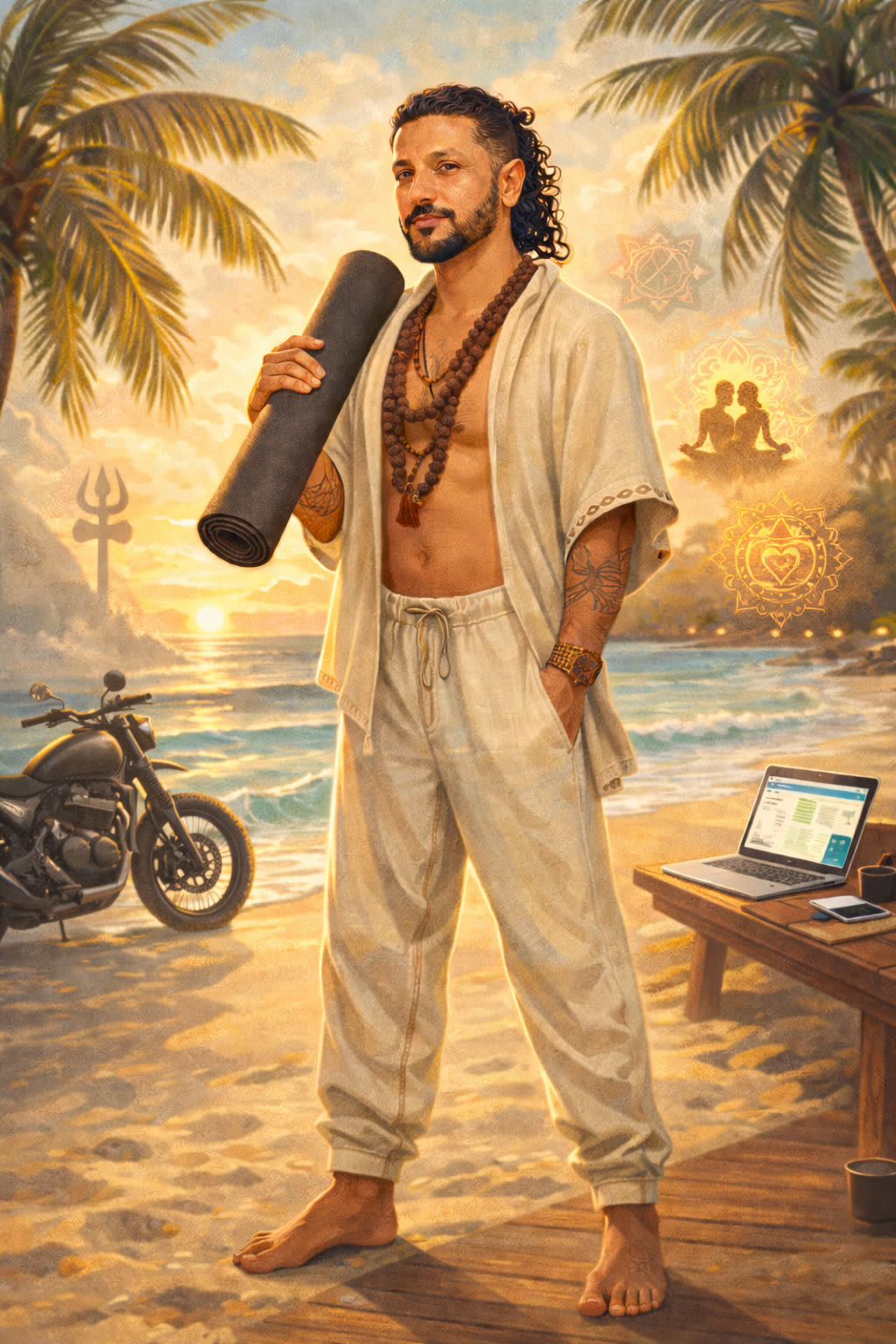 Illustrated portrait of Yogi Rohan holding a yoga mat on a luminous tropical beach