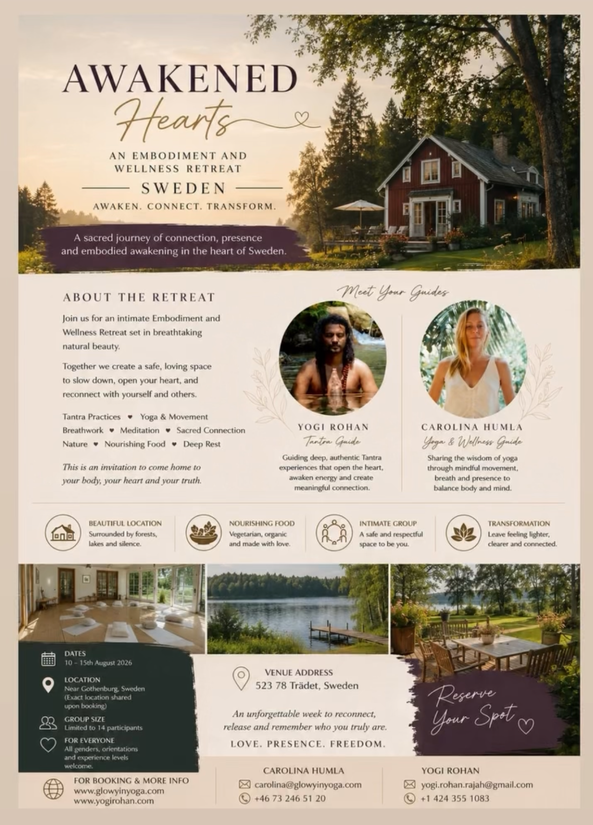 Awakened Hearts Sweden retreat flyer with retreat details and facilitator information
